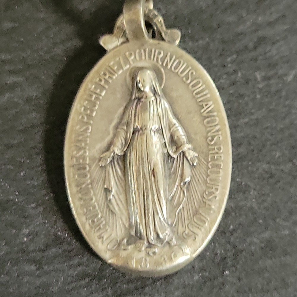 Vintage French Miraculous Medal Virgin Mary Pendant Silver Tone  Religious 90s